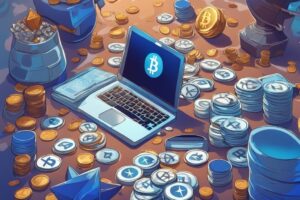 Moderne digitale Malerei mit blauem Farbschema, Ethereum und Bitcoin Münzen, Geldstapel, verschiedene Menschen zeigen stolz ihren wohlhabenden digitalen Lebensstil, wie viele Krypto Millionäre gibt es