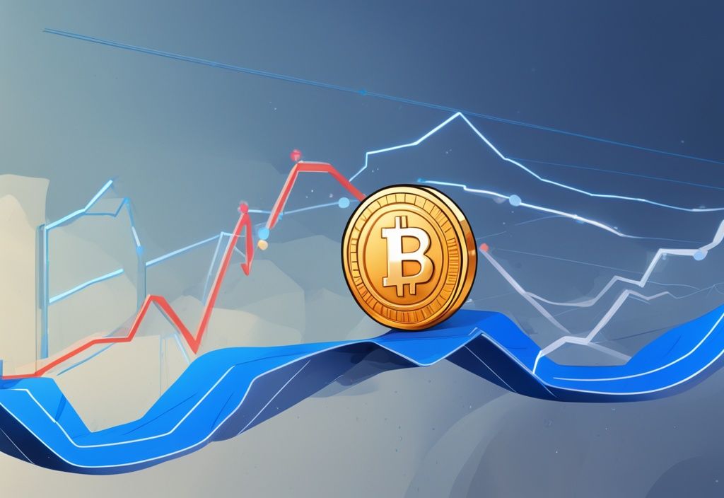 Moderne digitale Malerei mit blauem Farbschema, aufsteigendes 3D-Liniendiagramm zeigt Bonk Coin Prognose, Logo der Kryptowährung im Vordergrund.