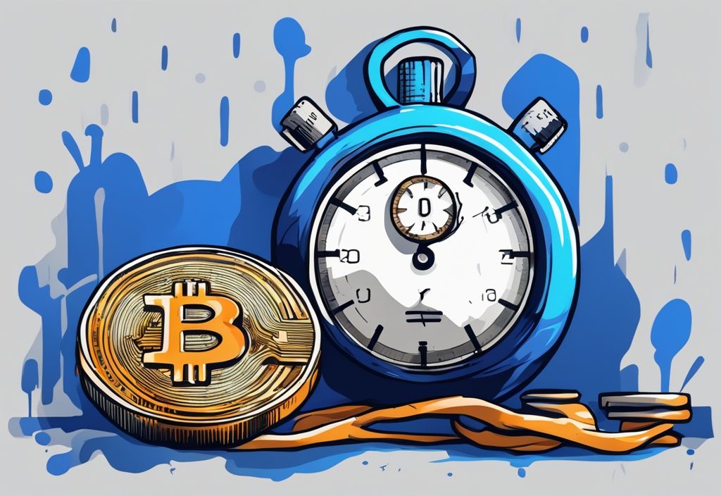 Moderne digitale Malerei mit einem blauen Farbschema, die eine Stoppuhr zeigt, die ein Bitcoin-Symbol zeitlich erfasst, symbolisierend wie lange dauert eine Bitcoin Transaktion.