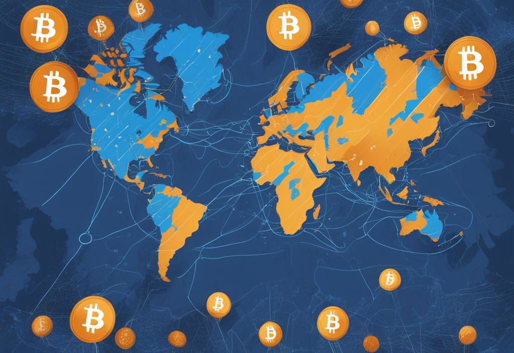 Moderne digitale Malerei mit blauer Farbgebung, Weltkarte mit leuchtenden Bitcoin-Symbolen, die steigende Bitcoin-Adoption in verschiedenen Regionen darstellen.
