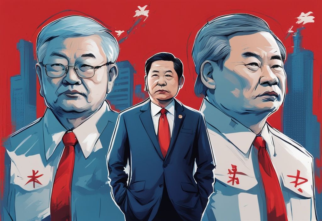 Moderne digitale Malerei mit chinesischen Regierungsbeamten, die streng auf ein in rot-weißes Absperrband gewickeltes Bitcoin-Symbol blicken, was auf dessen Illegalität hinweist.