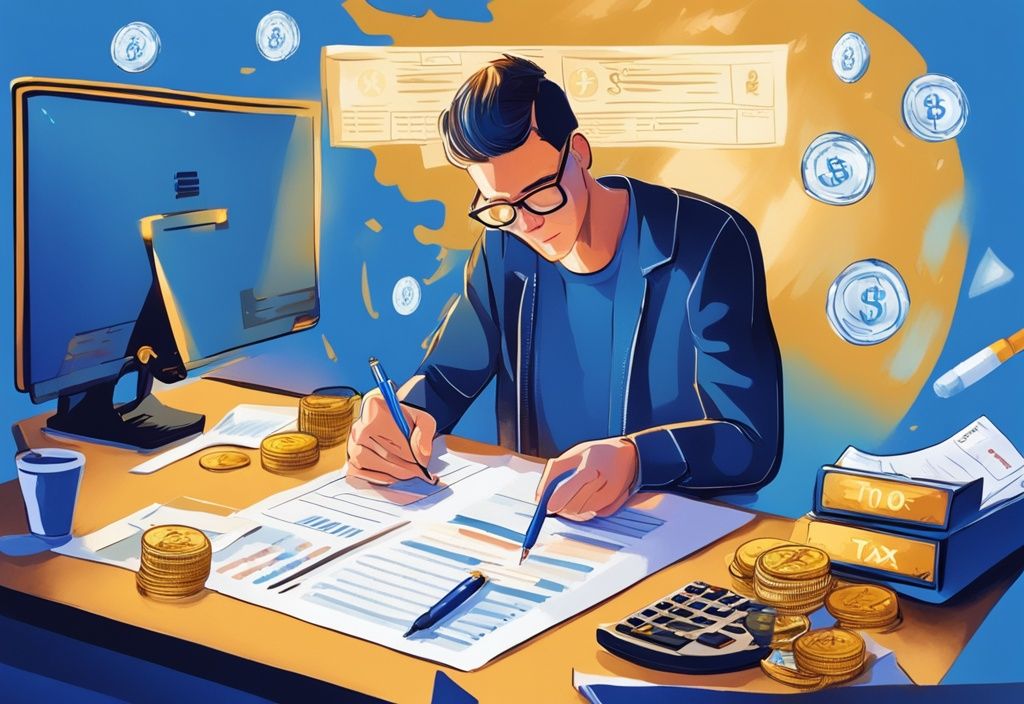 Moderne digitale Illustration in Blau: Person füllt Steuererklärung aus, auf einem Schreibtisch mit Taschenrechner, Stift, Papieren und glänzenden goldenen Kryptowährungsmünzen – wann muss ich Krypto in der Steuererklärung angeben.