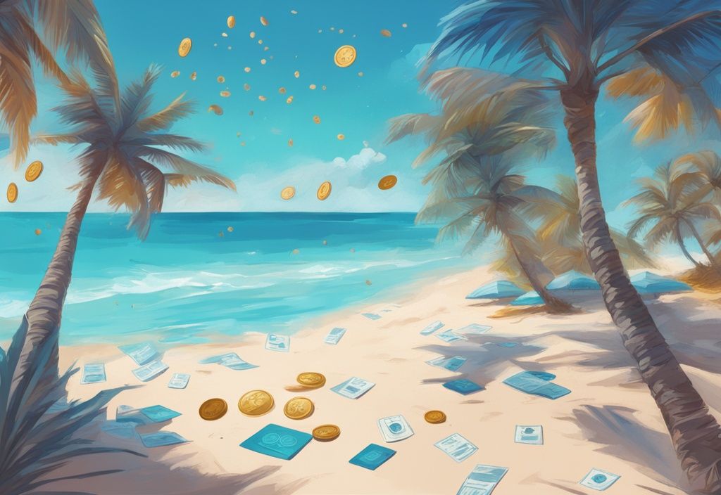 Moderne digitale Malerei der Bahamas-Strände mit Krypto-Münzen und Steuerformularen im Sand unter einer Palme - Bahamas Krypto Steuern.