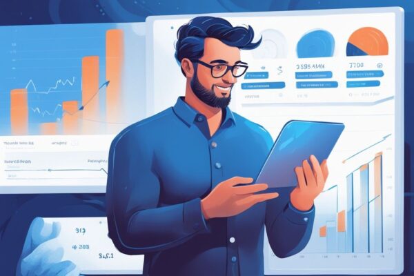 Selbstbewusster Investor beobachtet Wachstumsdiagramm seines Bitvavo Sparplans auf digitalem Gerät, moderne digitale Malerei, blaue Farbthematik.