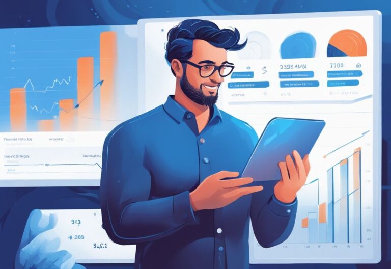 Selbstbewusster Investor beobachtet Wachstumsdiagramm seines Bitvavo Sparplans auf digitalem Gerät, moderne digitale Malerei, blaue Farbthematik.