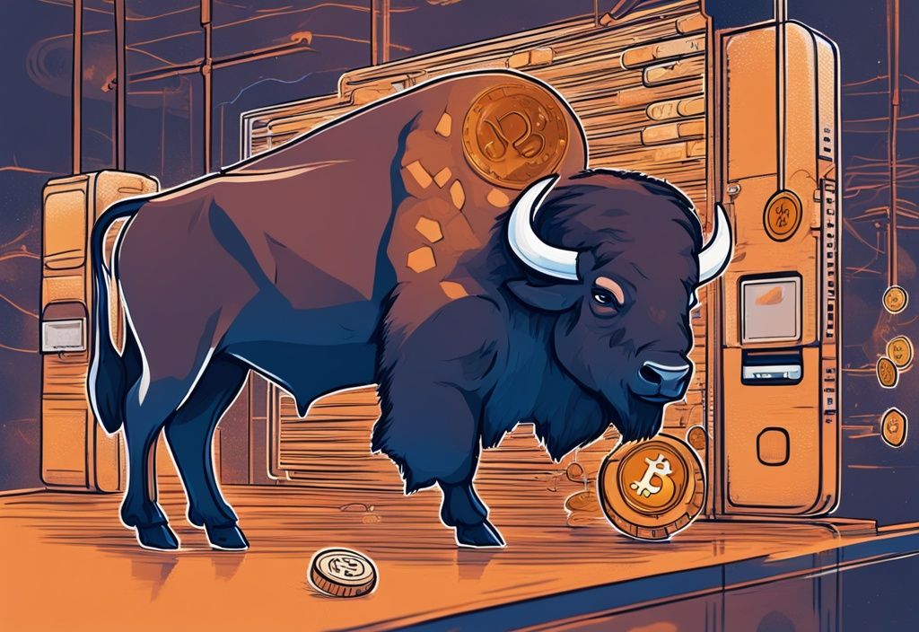 Bison Bitcoin auf Wallet übertragen durch Blockchain-Prozess in moderner digitaler Illustration mit Blautönen