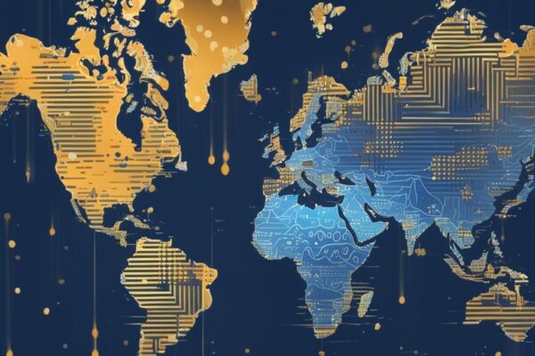 Moderne digitale Malerei mit blauem Farbschema, globale Karte mit leuchtenden Bitcoin-Symbolen, die Regionen mit zunehmender Bitcoin-Adoption zeigen.
