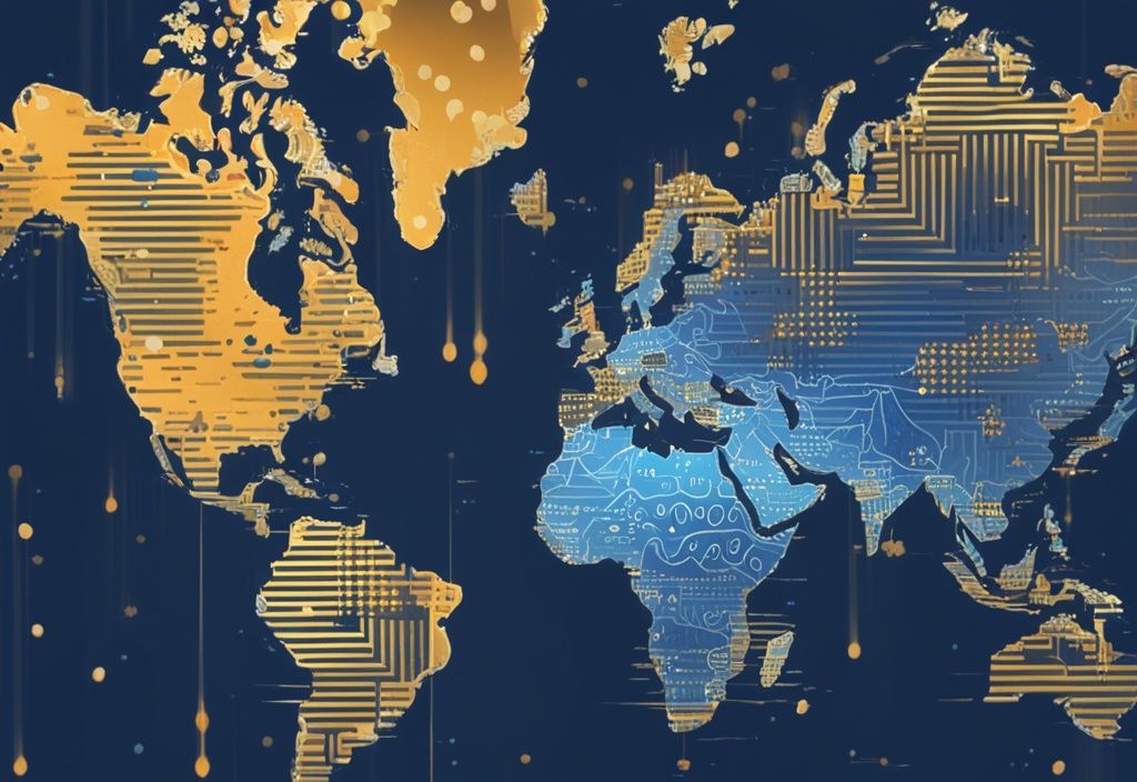 Moderne digitale Malerei mit blauem Farbschema, globale Karte mit leuchtenden Bitcoin-Symbolen, die Regionen mit zunehmender Bitcoin-Adoption zeigen.