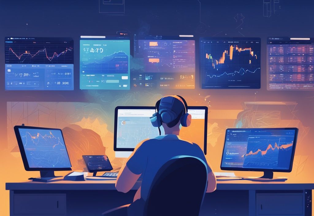 Zufriedener Nutzer vor einem Computerbildschirm mit geöffneter Paxful-Plattform, auf der verschiedene Kryptowährungen, Diagramme und Handelszahlen sichtbar sind, moderne digitale Malerei, Hauptfarbthema Blau