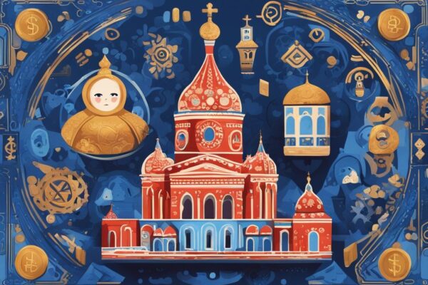 Innovativer Überblick und Leitfaden: Russische Kryptowährungen Moderne digitale Illustration mit blauem Thema, die Matroschka-Puppe, den Kreml und digitale Münzen sowie Blockchain-Muster zeigt, die Russlands Reise in die Welt der russischen Kryptowährungen darstellen.