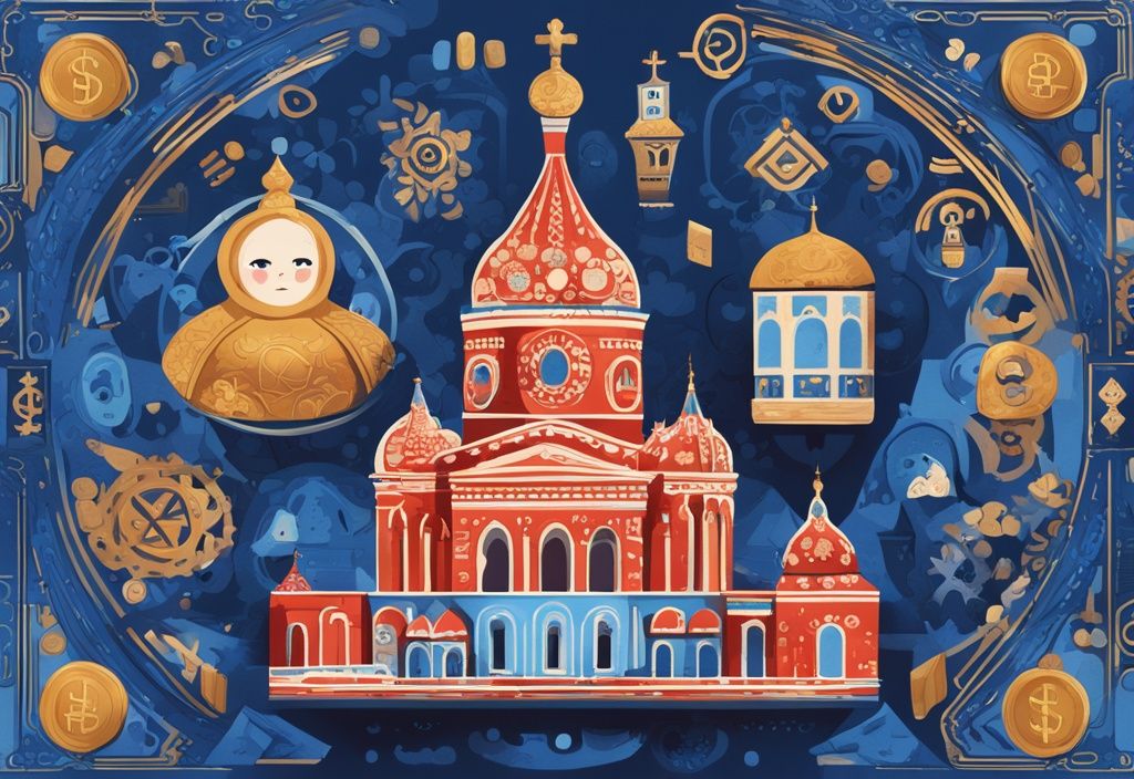 Moderne digitale Illustration mit blauem Thema, die Matroschka-Puppe, den Kreml und digitale Münzen sowie Blockchain-Muster zeigt, die Russlands Reise in die Welt der russischen Kryptowährungen darstellen.