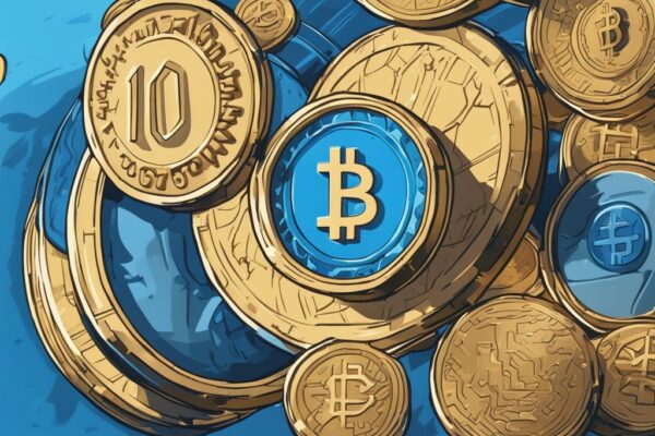 Moderne digitale Malerei in Blau, die auf einem Bildschirm die Verwandlung einer einzelnen Münze in 10 Münzen zeigt, was bedeutet 10x bei Krypto.