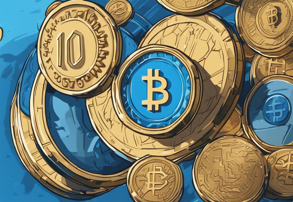Moderne digitale Malerei in Blau, die auf einem Bildschirm die Verwandlung einer einzelnen Münze in 10 Münzen zeigt, was bedeutet 10x bei Krypto.