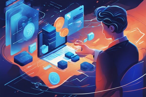 Moderne digitale Malerei-Illustration in Blau, zeigt einen Nutzer, der mit einer futuristischen DeFi-Oberfläche interagiert und verschiedene DeFi Power Erfahrungen in Finanztransaktionen und Investitionen darstellt.