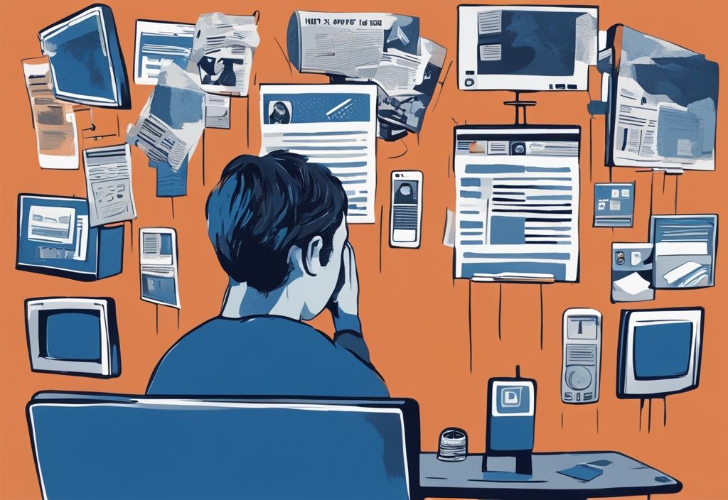 Moderne digitale Illustration eines besorgten Individuums umgeben von verschiedenen Medien wie Zeitungen, Social-Media-Posts und TV-Bildschirmen, die widersprüchliche Informationen anzeigen und ein Gefühl von Angst, Unsicherheit und Zweifel (FUD) hervorrufen.
