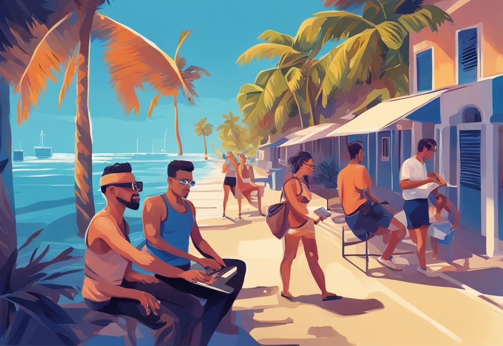 Moderne digitale Malerei in Blau, lebendige Szene in Puerto Rico, Personen bei Kryptowährungstransaktionen, Konzept niedriger oder null Krypto-Steuern