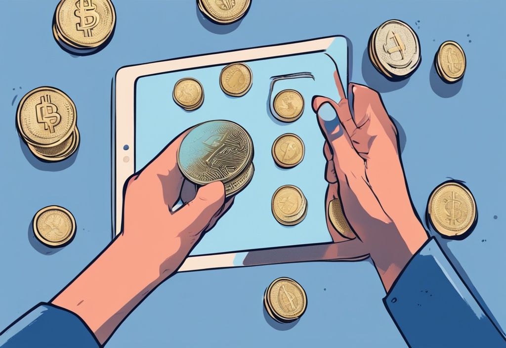 Moderne digitale Malerei, blaue Farbthematik, Hände halten Tablet, digitale Münze wird gleichzeitig an zwei verschiedene Wallets gesendet, Konzept des Double Spending