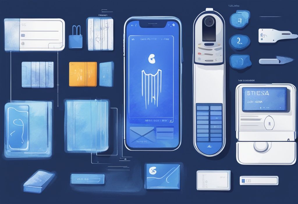 Moderne digitale Malerei mit blauem Farbschema, zwei digitale Wallets BitBox und Ledger im Vergleich, hervorgehoben durch eine Waage, die Funktionen und Sicherheit ausgleicht.