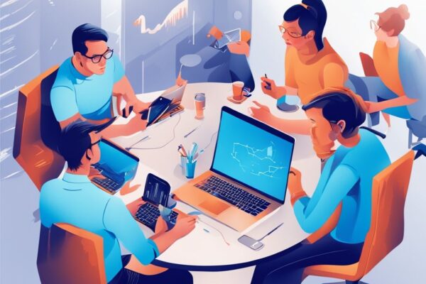 Moderne digitale Malerei mit blauem Farbschema, diverse Gruppe von Menschen, darunter junge Technikbegeisterte und professionelle Investoren, die leidenschaftlich ihre Koinly Erfahrungen auf digitalen Geräten diskutieren und teilen.