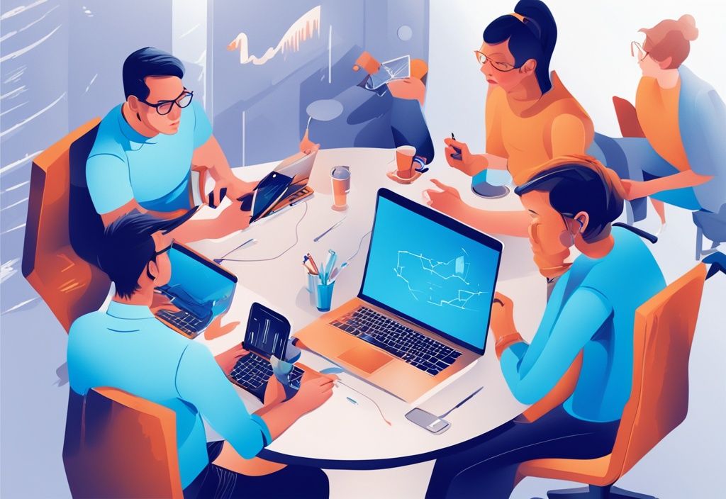 Moderne digitale Malerei mit blauem Farbschema, diverse Gruppe von Menschen, darunter junge Technikbegeisterte und professionelle Investoren, die leidenschaftlich ihre Koinly Erfahrungen auf digitalen Geräten diskutieren und teilen.
