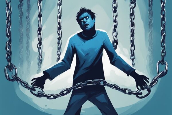 Moderne digitale Malerei mit Blau als Hauptfarbe, eine verängstigte Person in Ketten gefesselt, beschriftet mit "Angst", "Unsicherheit" und "Zweifel", die sich um ihn zusammenziehen, was ist FUD.