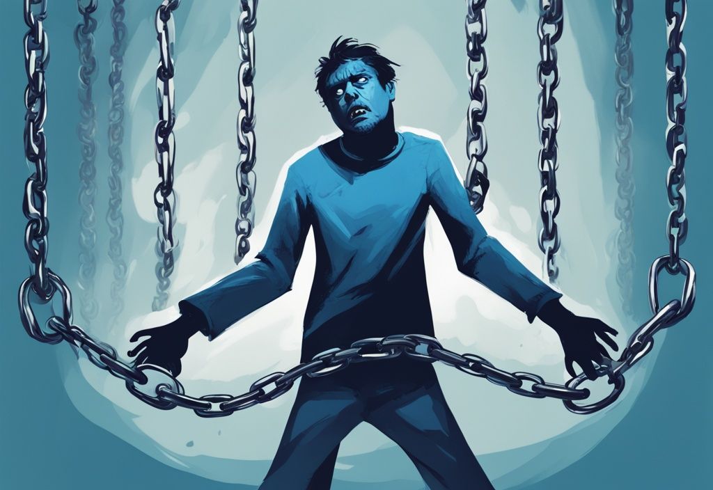 Moderne digitale Malerei mit Blau als Hauptfarbe, eine verängstigte Person in Ketten gefesselt, beschriftet mit "Angst", "Unsicherheit" und "Zweifel", die sich um ihn zusammenziehen, was ist FUD.