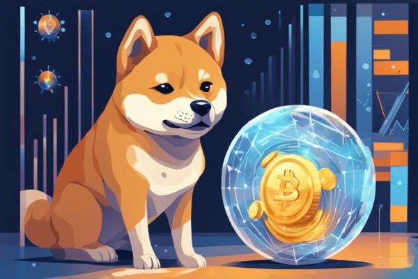 Spielerischer Shiba Inu Hund schaut selbstbewusst in eine Kristallkugel mit schwankenden Kryptowährungskursen – Playdoge Prognose
