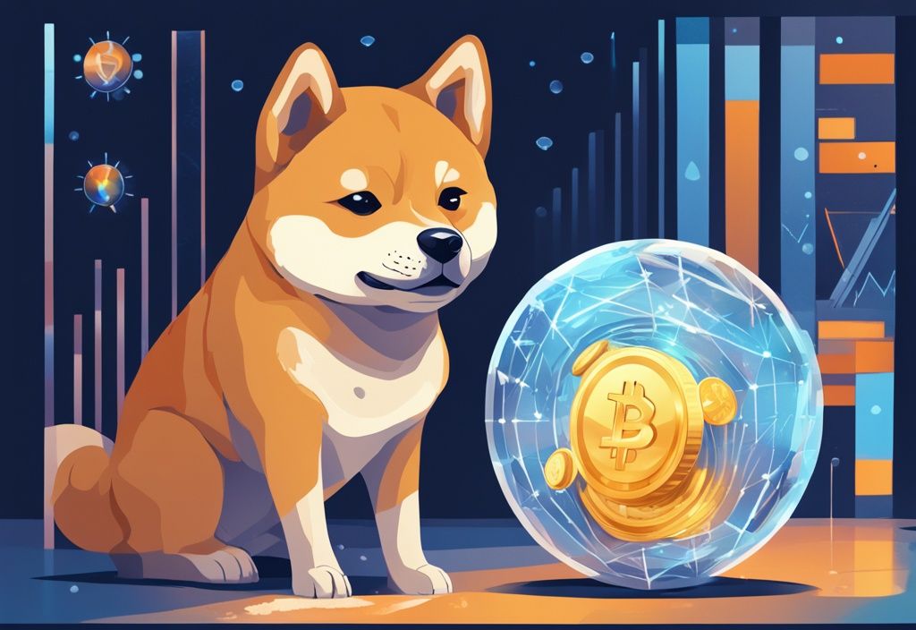 Spielerischer Shiba Inu Hund schaut selbstbewusst in eine Kristallkugel mit schwankenden Kryptowährungskursen – Playdoge Prognose