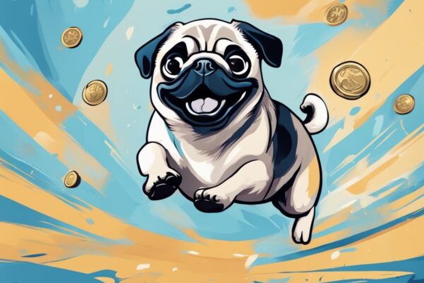 Niedlicher Mops springt freudig, um eine glänzende Münze mit Pfotensymbol zu fangen - Pug Coin, moderne digitale Malerei in Blau.