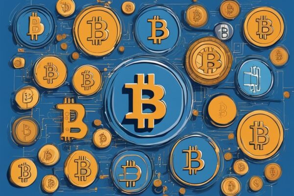 Moderne digitale Malerei, die verschiedene Bitcoin Adresstypen auf einer Blockchain mit blauen Münzen und Beschriftungen darstellt.