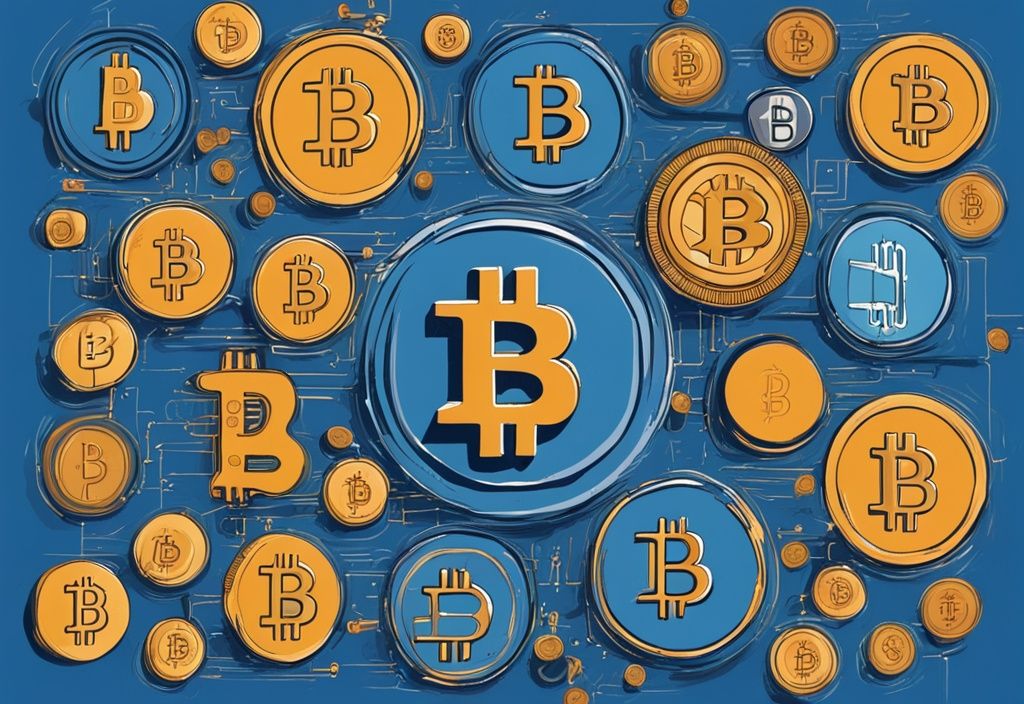 Moderne digitale Malerei, die verschiedene Bitcoin Adresstypen auf einer Blockchain mit blauen Münzen und Beschriftungen darstellt.