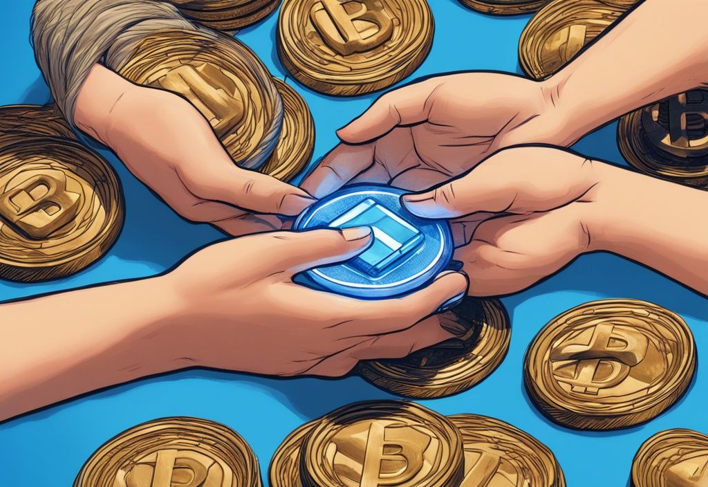 Nahaufnahme einer digitalen Transaktion von Radix Coins zwischen virtuellen Händen, modernes digitales Gemälde, Hauptfarbton Blau.