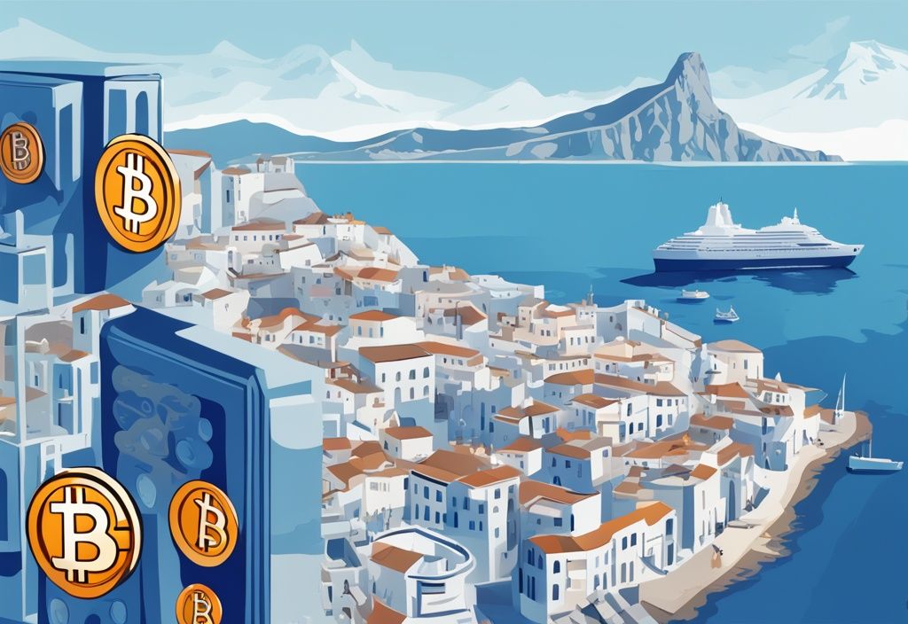 Moderne digitale Illustration in Blau, zeigt Gibraltar mit Krypto-Symbolen wie Bitcoin und Ethereum, sowie Steuerdarstellungen in Form von Prozentzeichen und Dollarzeichen - Gibraltar Krypto Steuern.