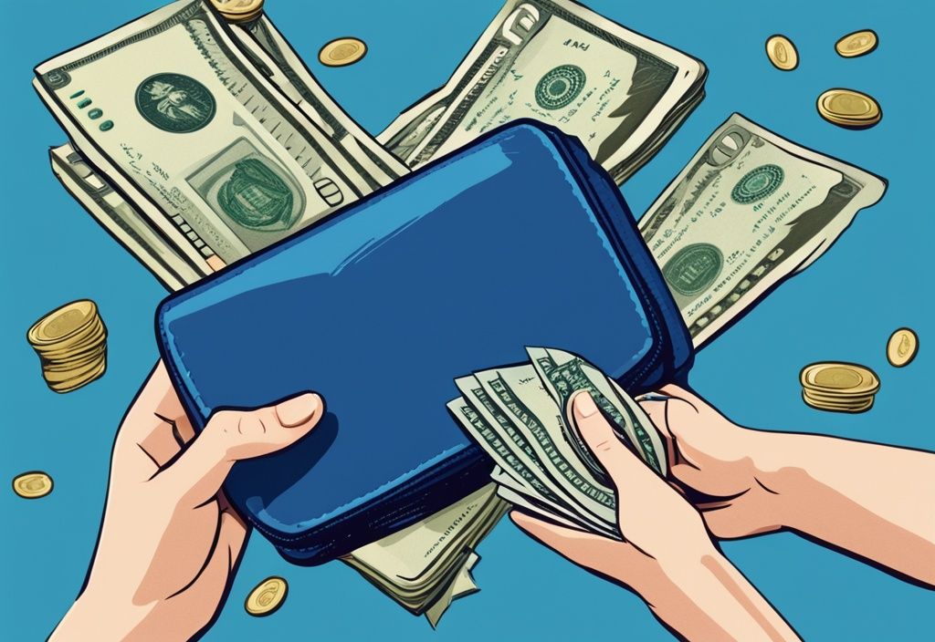 Moderne digitale Malerei mit blauer Farbgebung, zeigt Hände, die Geld aus einem kunstvoll gestalteten dünnen Papier Wallet auszahlen.