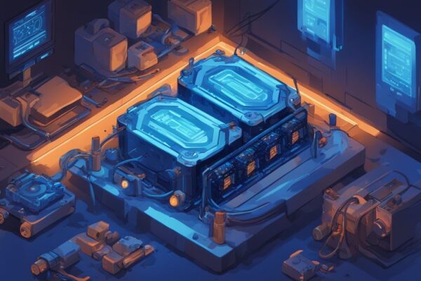 Moderne digitale Illustration eines Mining-Rigs mit hoher Hashrate und leuchtenden Zahlen in Blau.