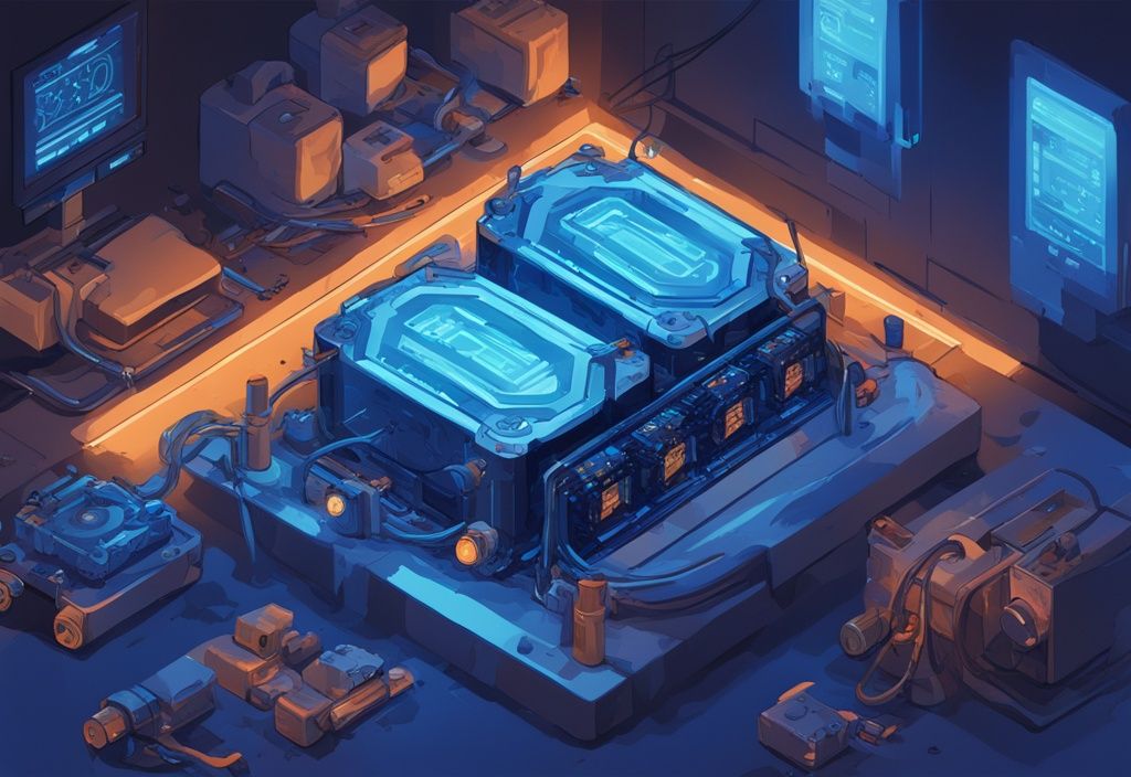 Moderne digitale Illustration eines Mining-Rigs mit hoher Hashrate und leuchtenden Zahlen in Blau.