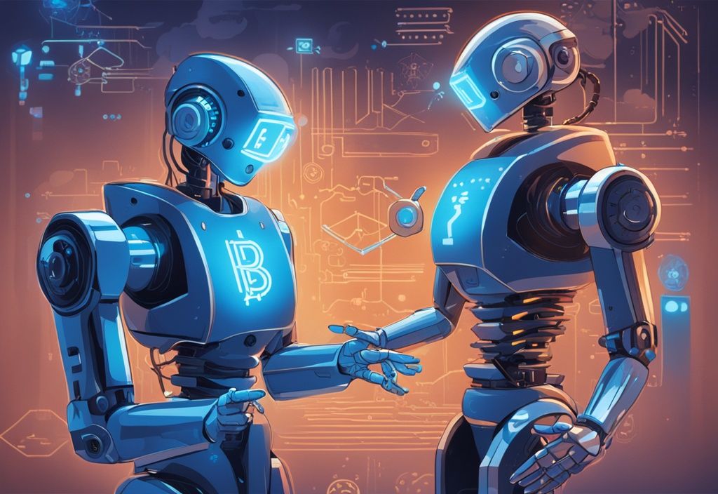 Moderne digitale Malerei mit blauen Farbtönen, fortschrittliche Roboter interagieren mit holografischer Schnittstelle, die Diagramme und Kryptowährungssymbole projiziert.