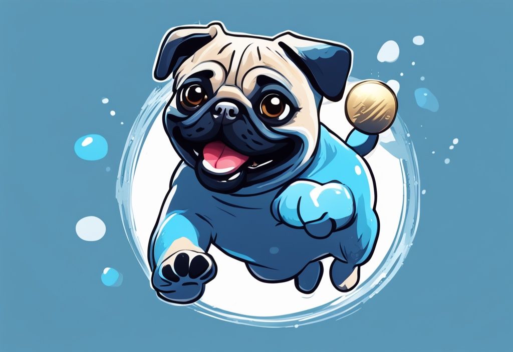 Niedlicher Mops springt freudig, um eine glänzende Münze mit Pfotensymbol zu fangen - Pug Coin