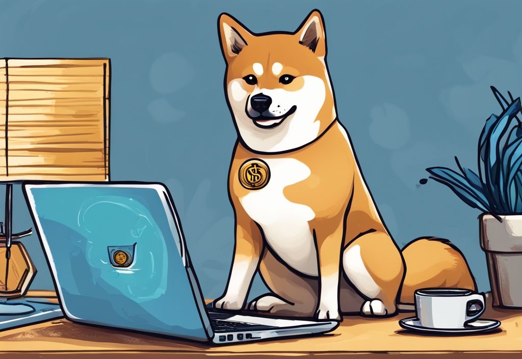 Moderne digitale Illustration eines Shiba Inu Hundes hinter einem Laptop mit einem Dogecoin auf dem Bildschirm, Hauptfarbe Blau