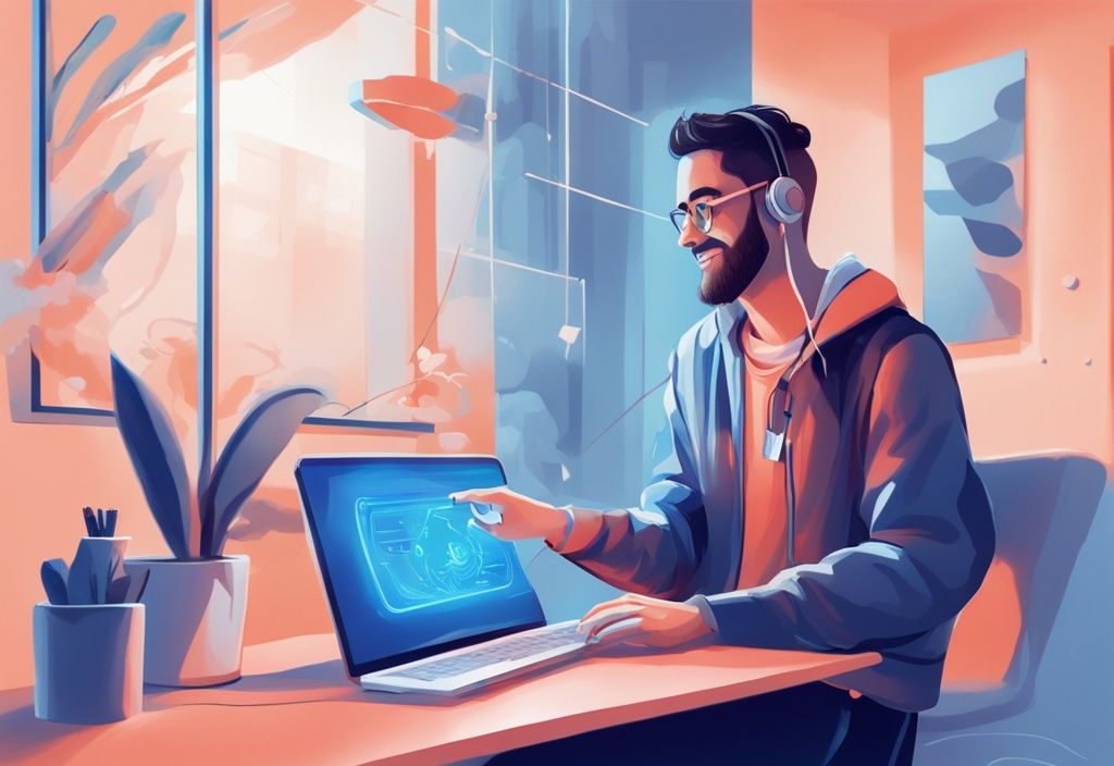 Person nutzt zufrieden die Bitvavo-Plattform auf Computer mit Bitvavo Ledger Wallet, modernes digitales Gemälde in Blau.