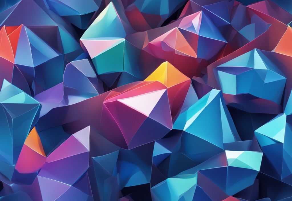 Moderne digitale Malerei mit blauem Farbschema, mehrfarbige 3D-Polygone, die verschiedene Trendlinien oder Grafiken darstellen und Prognosen in einer dynamischen, abstrakten digitalen Welt widerspiegeln.