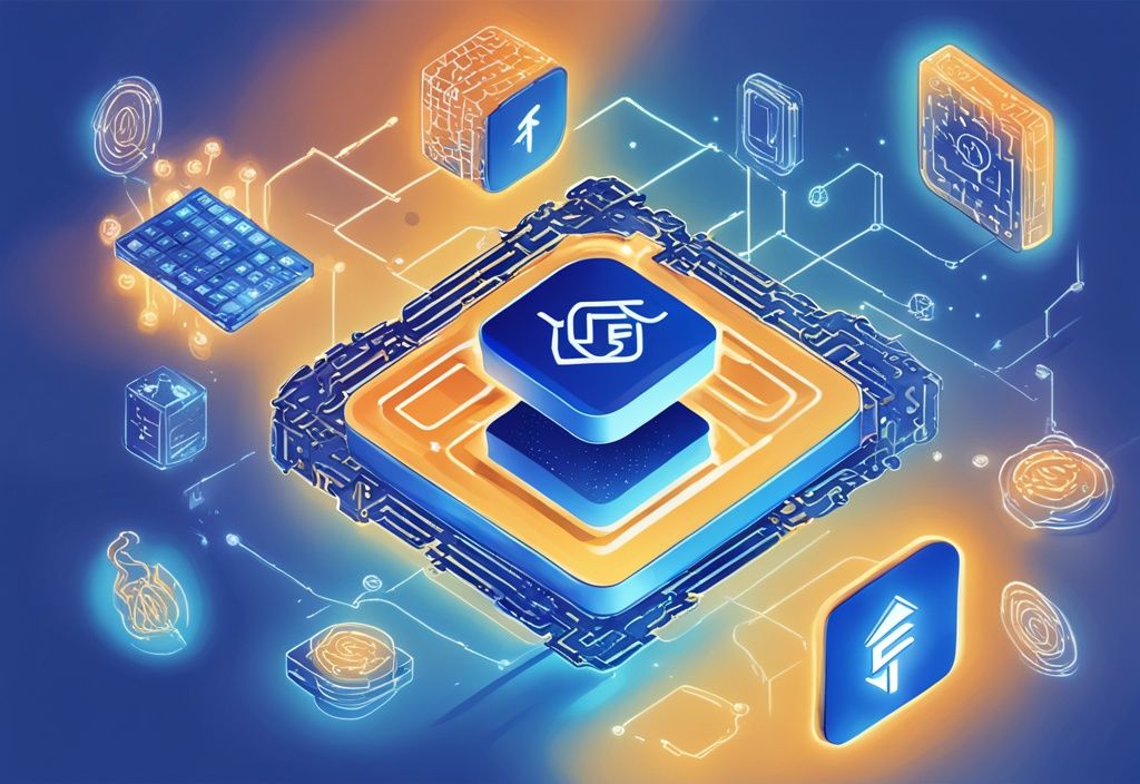Modernes digitales Gemälde mit blauem Farbschema, das ein leuchtendes Symbol des besten Blockchain ETF zwischen anderen ETF-Symbolen zeigt.