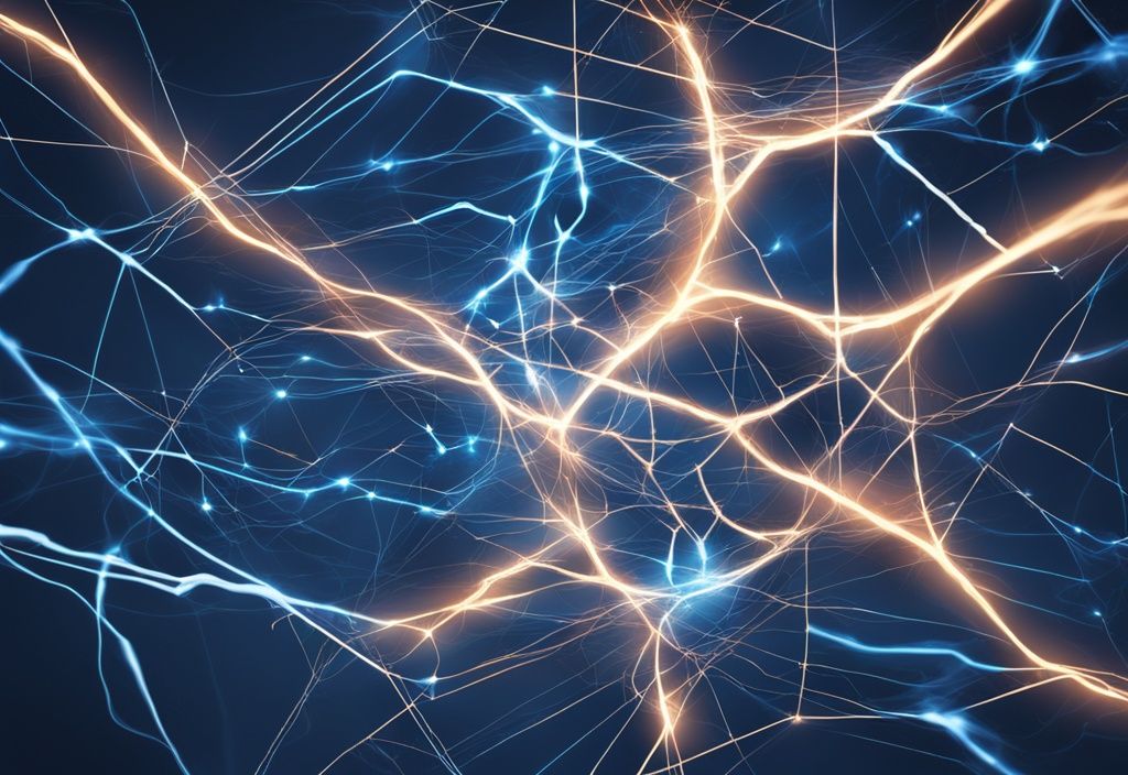 Moderne digitale Illustration in Blau mit dynamischem Netz aus verbundenen Knoten, pulsierend mit elektrischer Energie, symbolisierend das Lightning Network