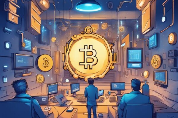 Moderne digitale Malerei mit blauem Farbschema, die Binance-Plattform zeigt und den Prozess des Binance Krypto senden hervorhebt.