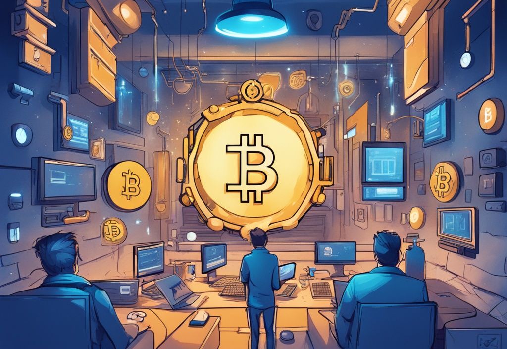 Moderne digitale Malerei mit blauem Farbschema, die Binance-Plattform zeigt und den Prozess des Binance Krypto senden hervorhebt.