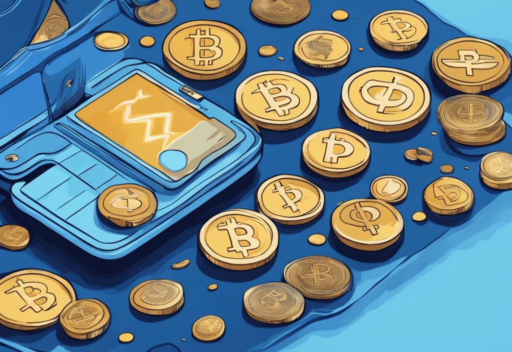 Moderne digitale Malerei mit blauem Farbschema, zeigt eine digitale Geldbörse mit verschiedenen Kryptowährungen, die mit Münzen gefüllt wird, symbolisiert das Konzept eines Krypto-Zuschusses.