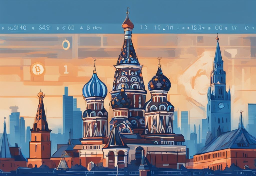 Moderne digitale Illustration mit blauem Farbschema, ikonisches Moskauer Wahrzeichen wie der Kreml oder die Basilius-Kathedrale im Hintergrund, digitale Uhr zeigt Moskauer Zeit und Bitcoin-Symbole sowie Datenfluktuationen über der Stadtlandschaft – Moscow Time Bitcoin Bedeutung.