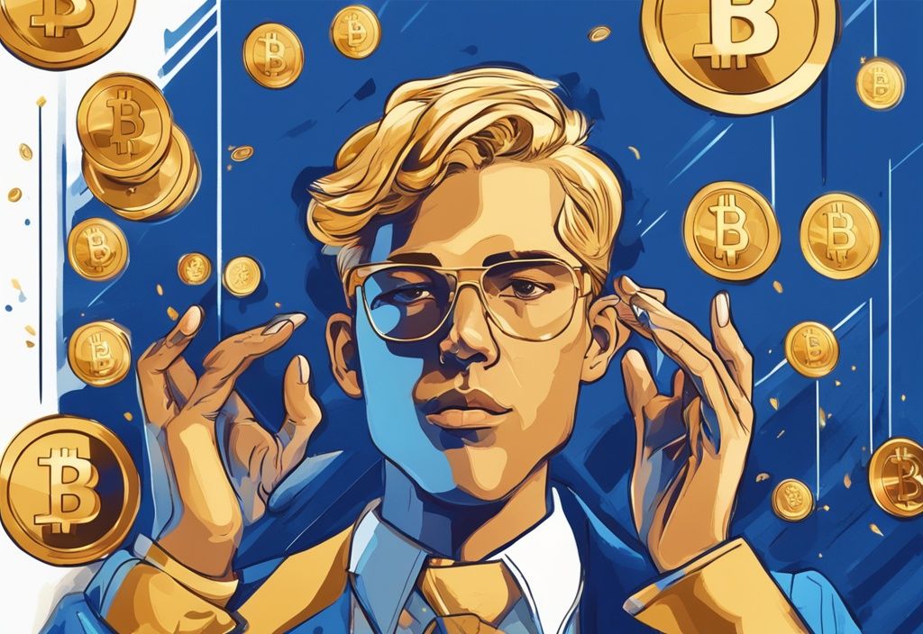 Junge erfolgreiche Person mit goldenem Bitcoin, umgeben von Luxus, symbolisiert Wohlstand durch Krypto-Investitionen, moderne digitale Malerei, Hauptfarbe Blau