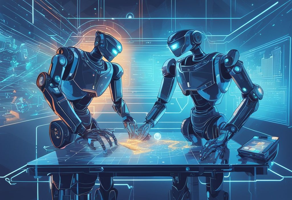 Moderne digitale Malerei mit blauen Farbtönen, fortschrittliche Roboter interagieren mit holografischer Benutzeroberfläche, die Diagramme und Kryptowährungssymbole projiziert.