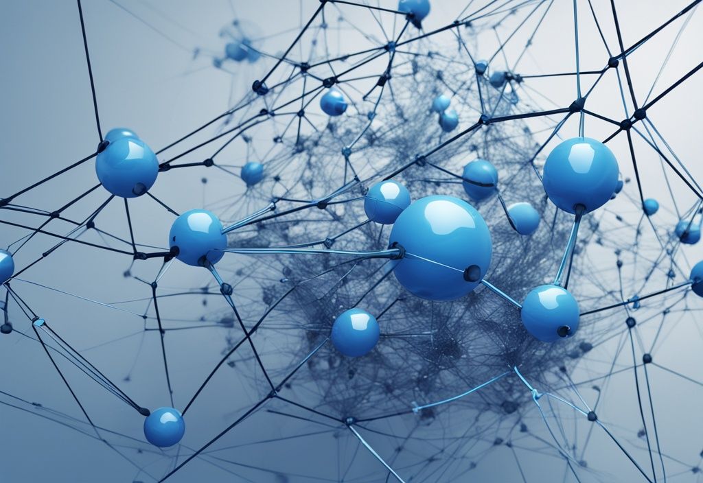 Digitale moderne Illustration mit blauem Farbschema, die ein Netzwerk von vernetzten futuristischen Knotenpunkten im 3D-Raum darstellt, repräsentiert die dezentrale Web3-Technologie.